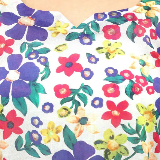 Close-up of digital printed lawn fabric with colorful floral pattern, stitched 2-piece suit, purple red and yellow flowers