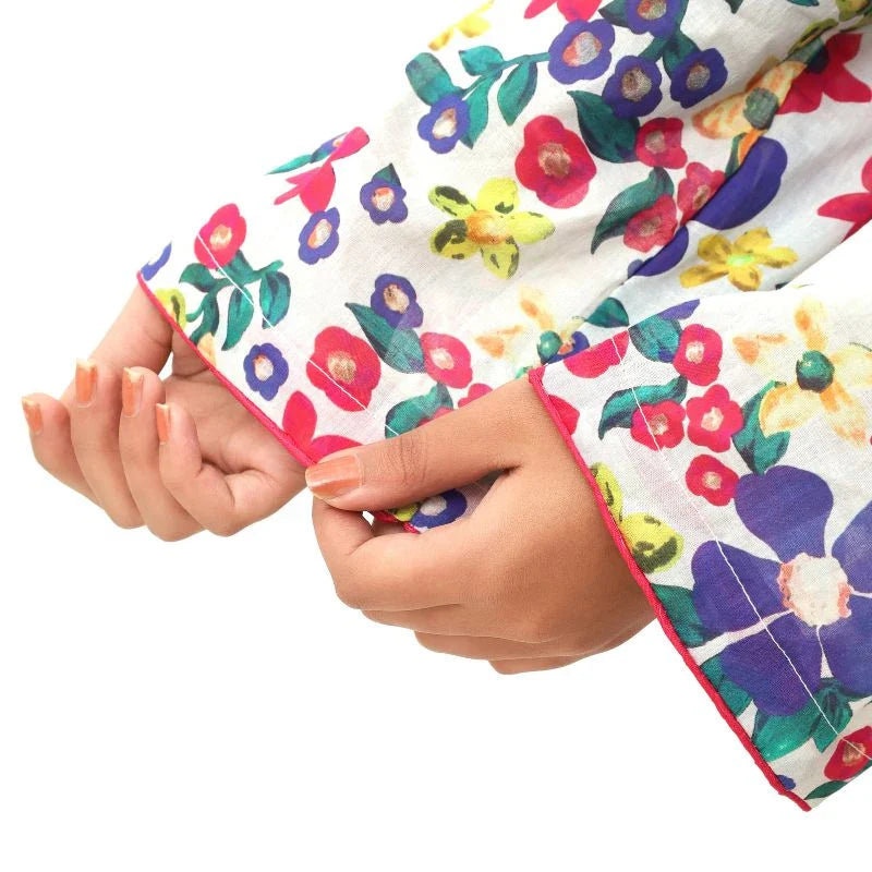 Close-up of breathable floral printed lawn fabric sleeve, lightweight 2-piece summer suit, Pakistan