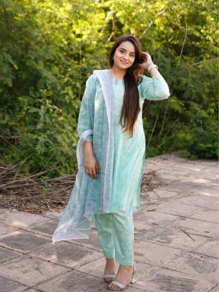 printed lawn 3 piece stitched suit front view Pakistan