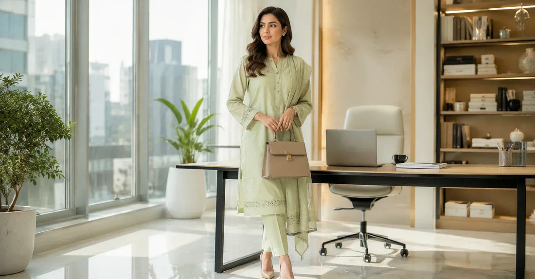Pakistani working woman wearing a stylish capsule wardrobe with elegant Ready-to-Wear office outfits