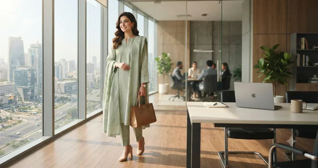 Pakistani executive woman wearing an elegant Ready-to-Wear summer office outfit in a modern corporate workplace