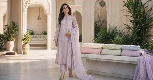 Premium Pakistani lawn fabric buying guide showing different high-quality lawn suit styles and fabric textures.