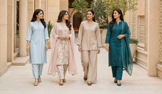 Pakistani women wearing elegant 2026 fashion trends with modern lawn suits and contemporary silhouettes