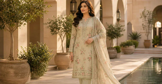 Pakistani woman wearing a premium printed Ready-to-Wear lawn suit that complements her body shape in a luxury contemporary outdoor setting