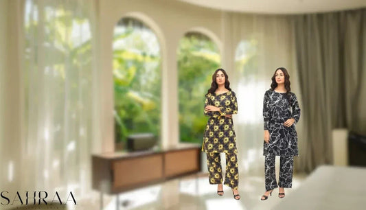 Professional Pakistani woman wearing Sahraa executive luxury lawn suit in a modern office