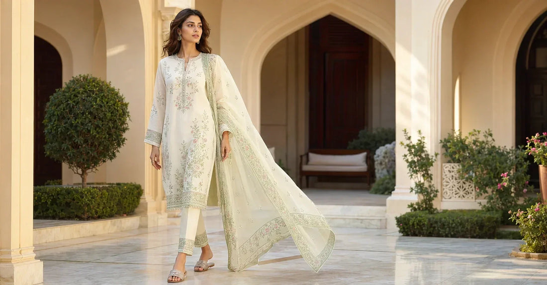 Elegant Pakistani woman wearing a premium ready-to-wear lawn suit in a luxury courtyard, representing modern pret wear fashion in Pakistan.