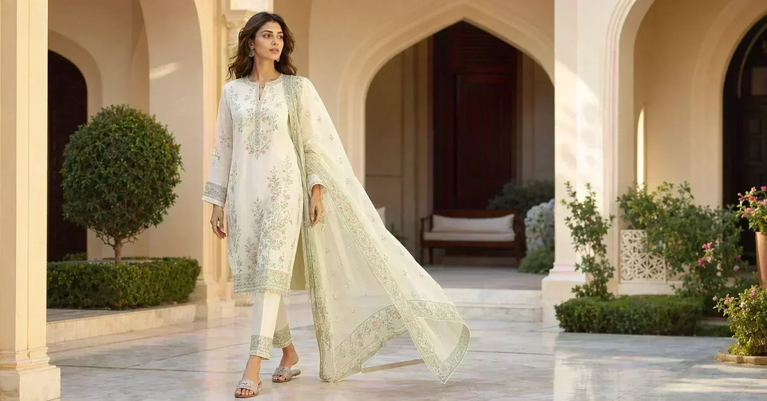 Elegant Pakistani woman wearing a premium ready-to-wear lawn suit in a luxury courtyard, representing modern pret wear fashion in Pakistan.