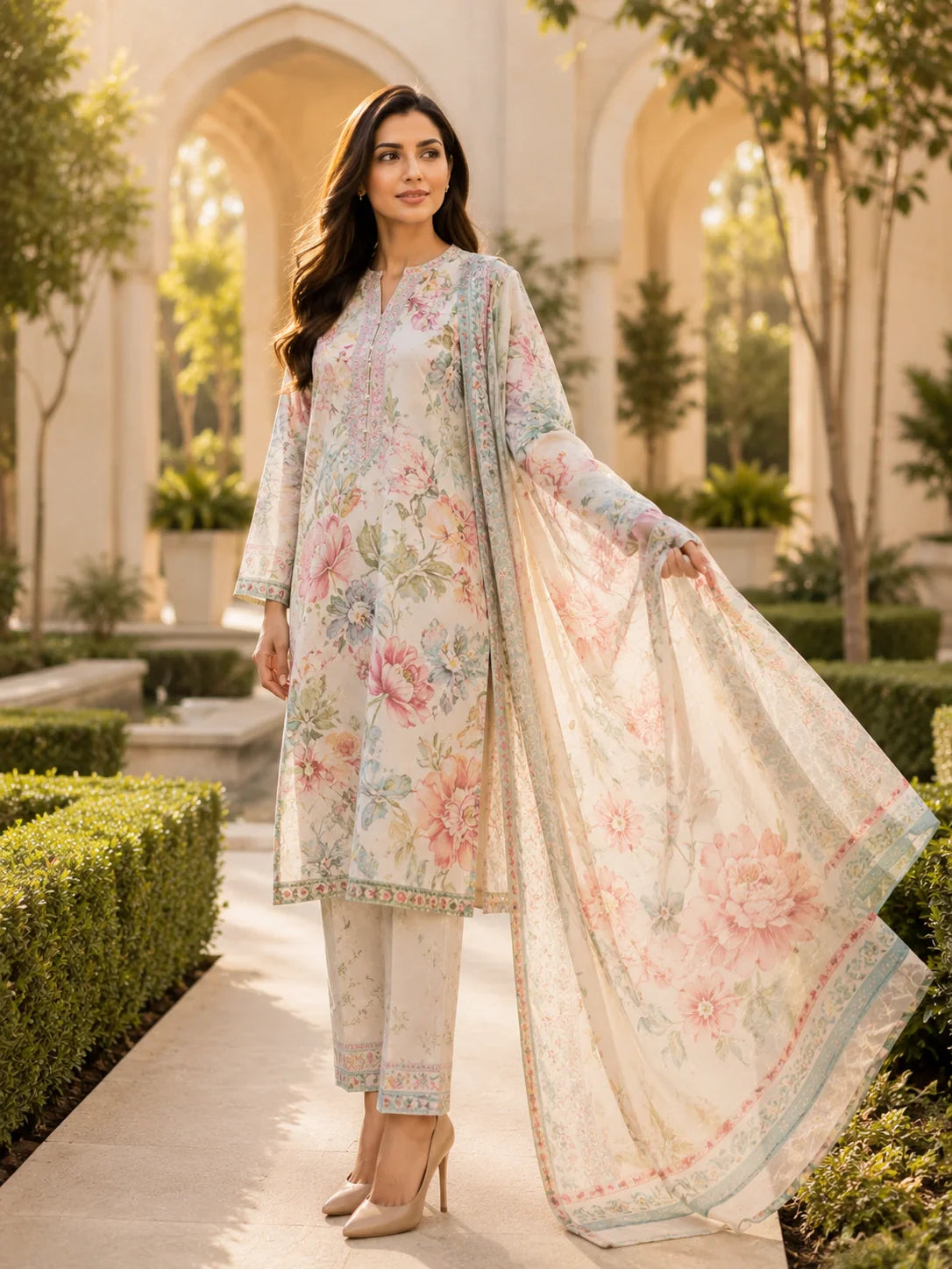 Pakistani woman wearing a premium stitched 3-piece Ready-to-Wear lawn suit by Sahraa in a luxury garden setting