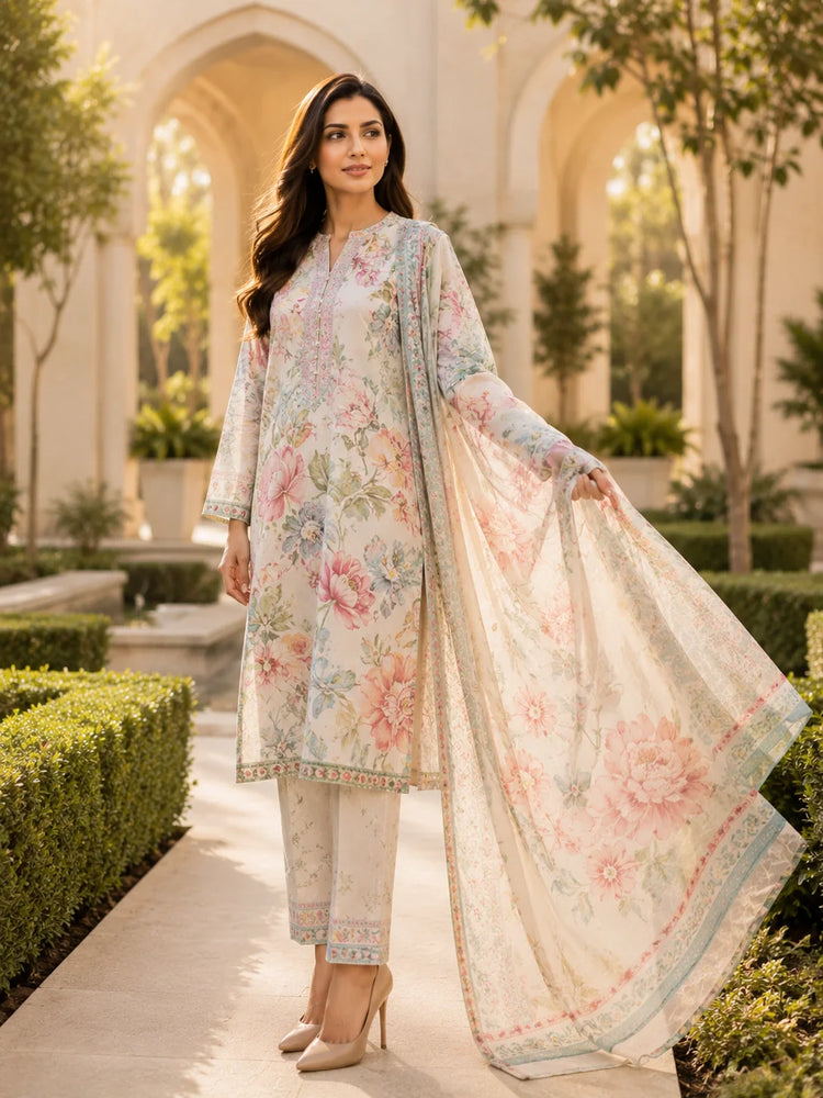 Pakistani woman wearing a premium stitched 3-piece Ready-to-Wear lawn suit by Sahraa in a luxury garden setting