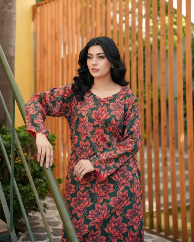 Red floral 2 piece stitched printed lawn suit - Sahra