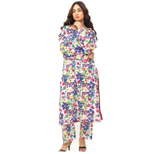 Women's 2-piece digital printed lawn suit with floral design, front view, Pakistan