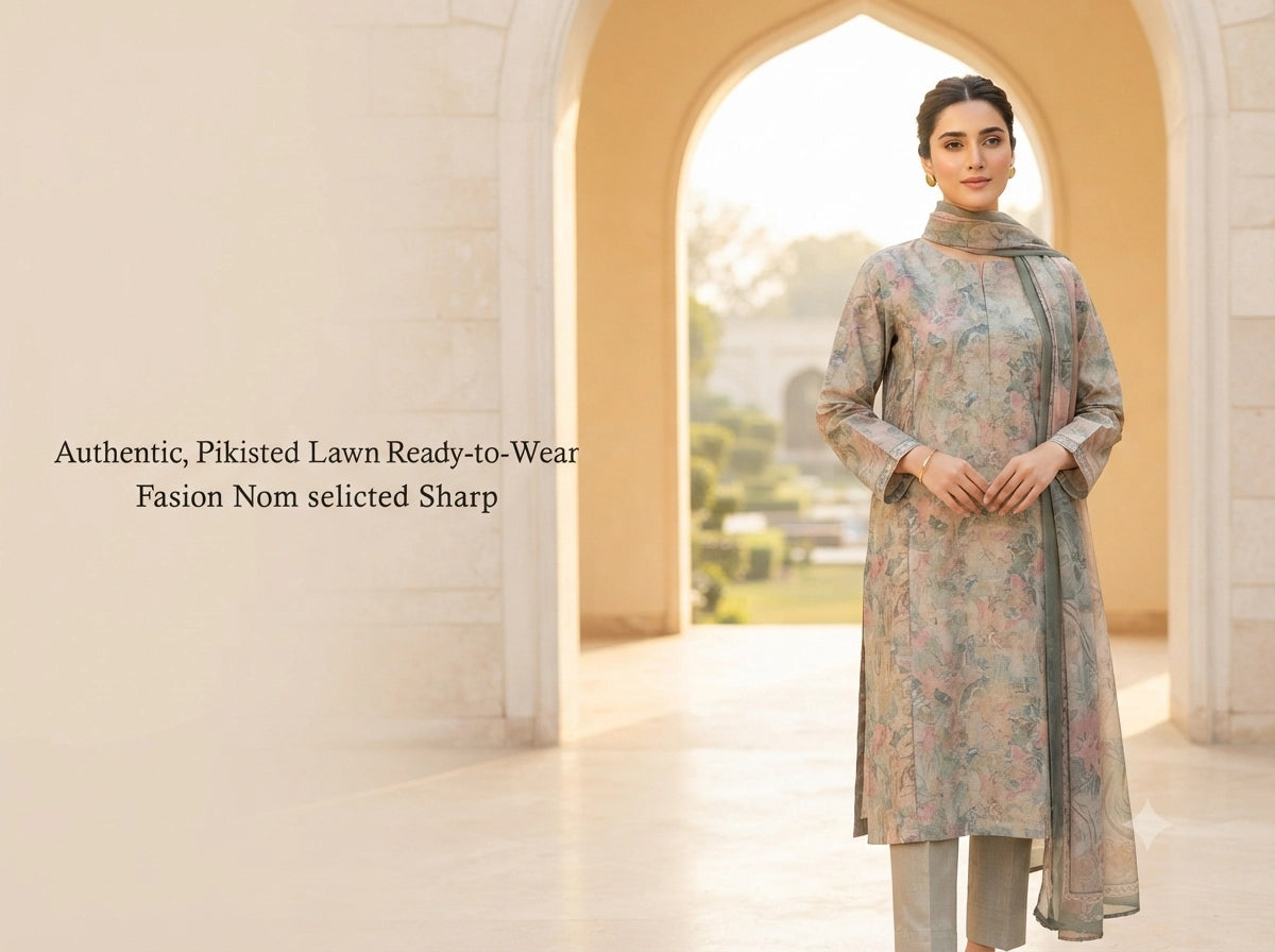 Pakistani woman wearing a premium printed Ready-to-Wear lawn suit with a lightweight chiffon dupatta in a luxury architectural courtyard representing the Sahraa fashion brand