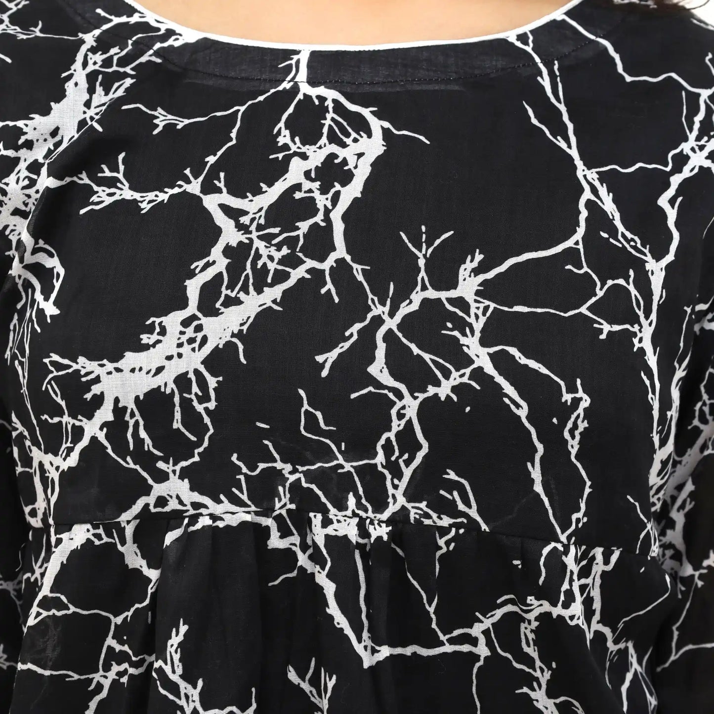 Close-up of Black & White Marble Print Fabric – Sahraa 2 Piece Stitched Lawn Suit