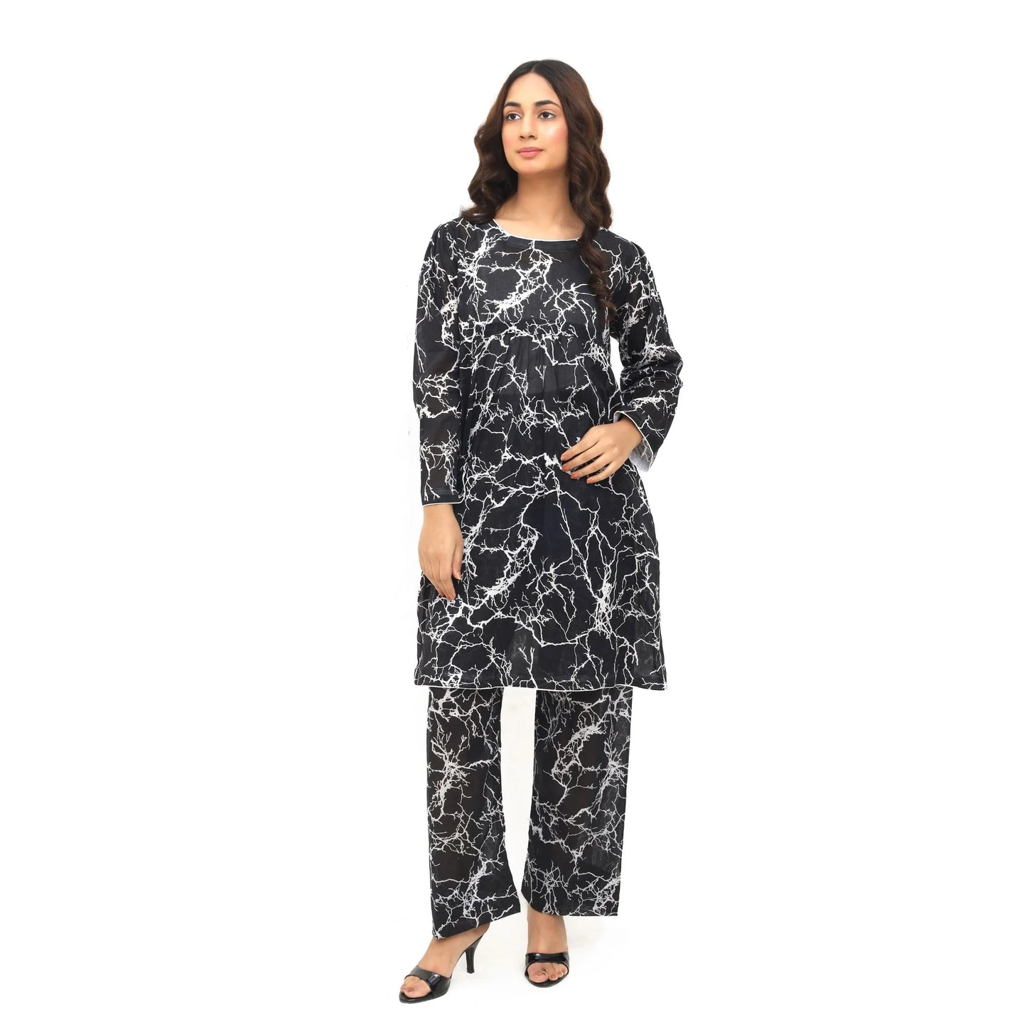 Sahraa Black & White Marble Print 2 Piece Stitched Lawn Suit – Front View