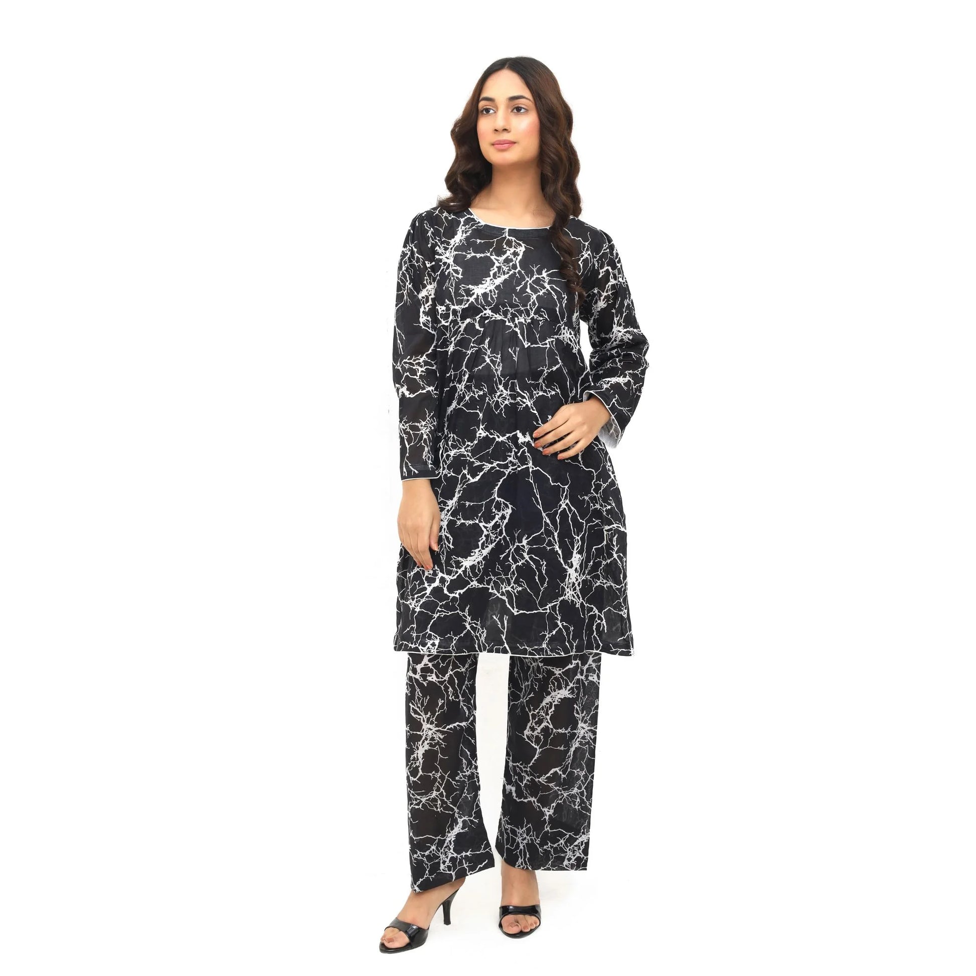 Sahraa Black & White Marble Print 2 Piece Stitched Lawn Suit – Front View