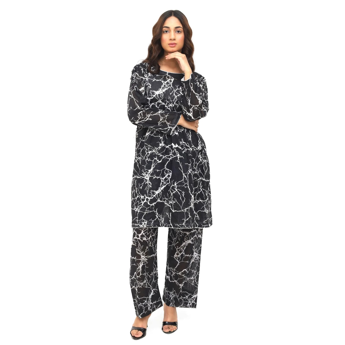 Sahraa 2 Piece Stitched Lawn Suit Black Marble Print – Full Look Summer 2026