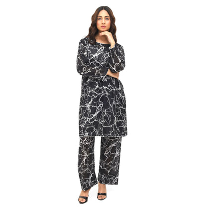 Sahraa 2 Piece Stitched Lawn Suit Black Marble Print – Full Look Summer 2026